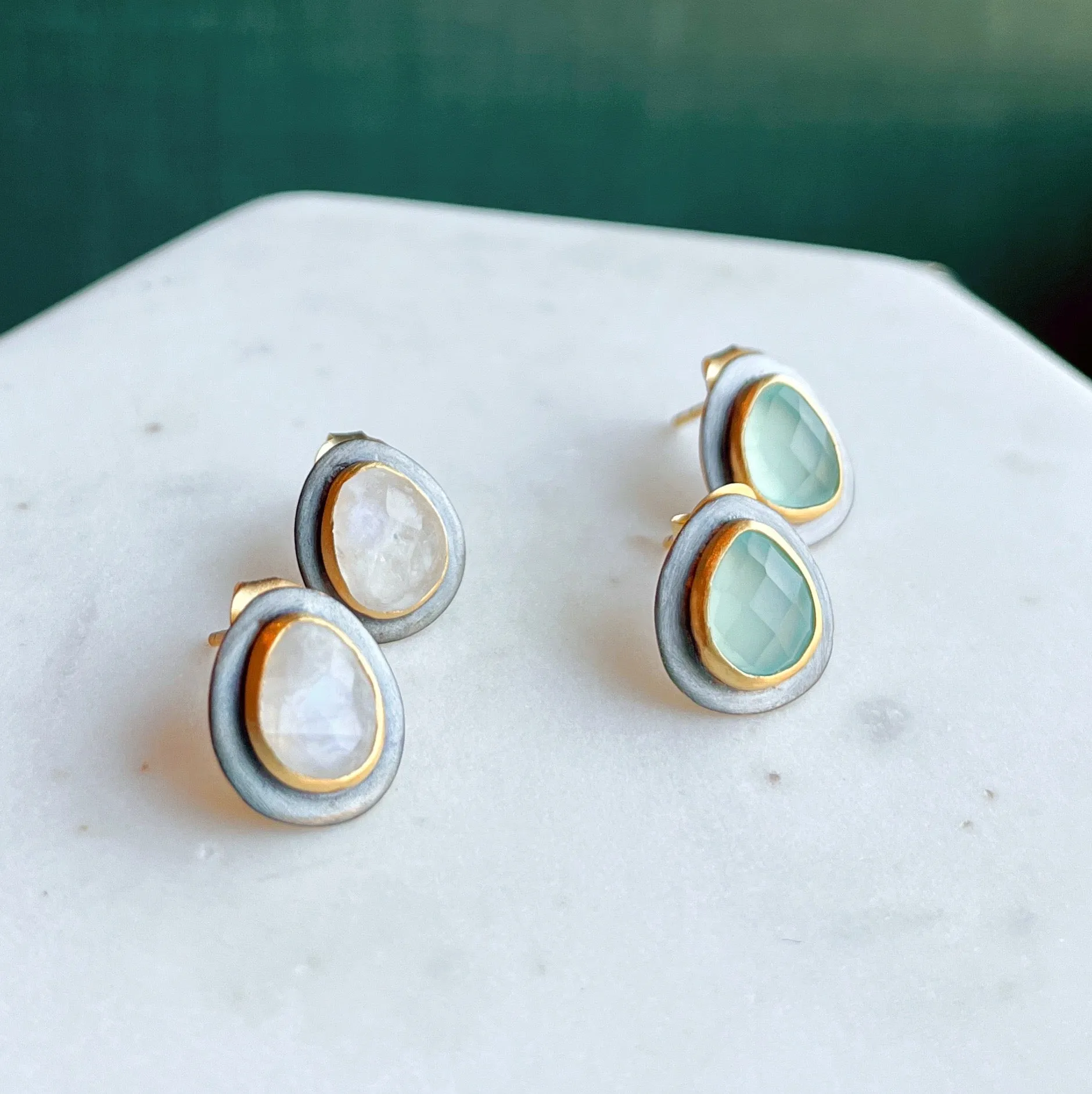 Black & Gold Teardrop Stud Earrings: Rainbow Moonstone