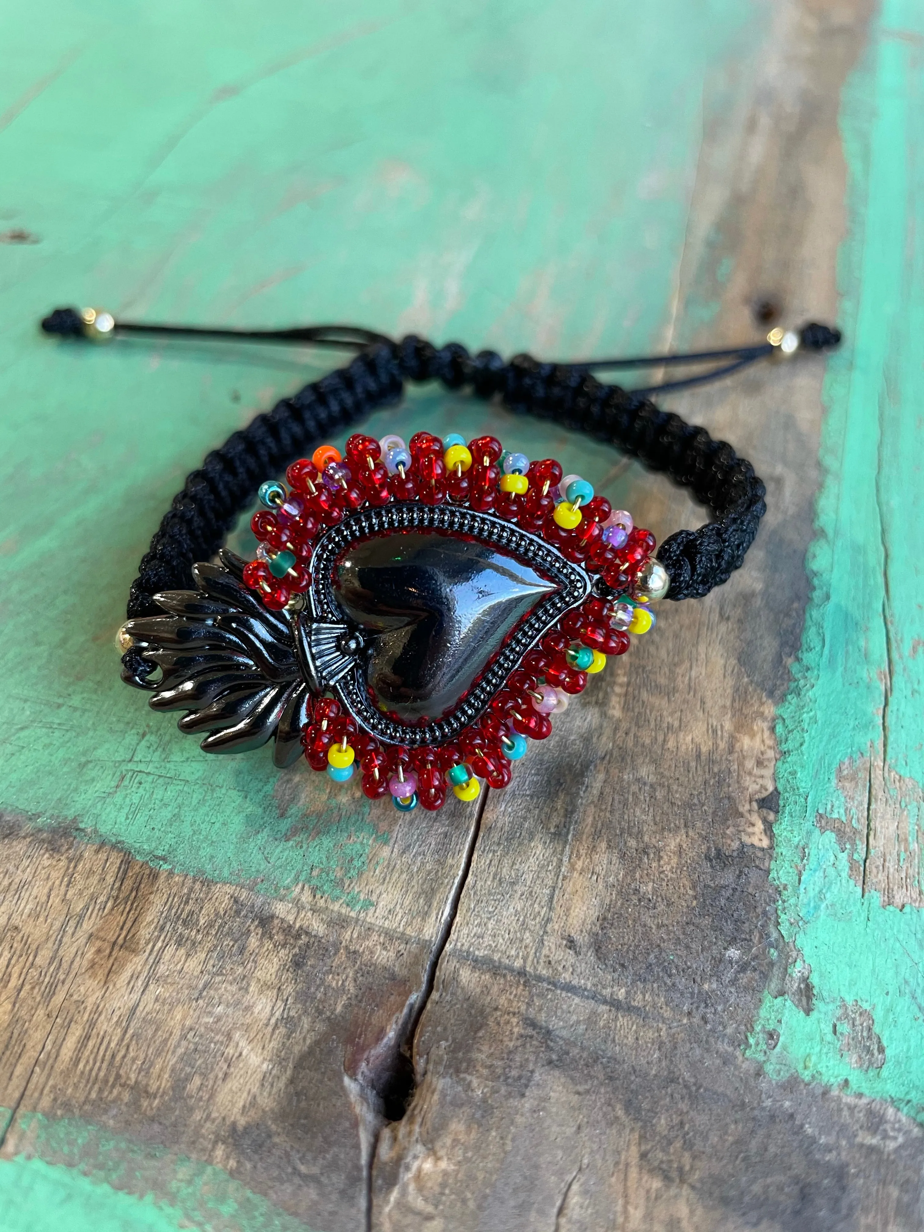 Black Cord Beaded Sacred Heart Bracelet