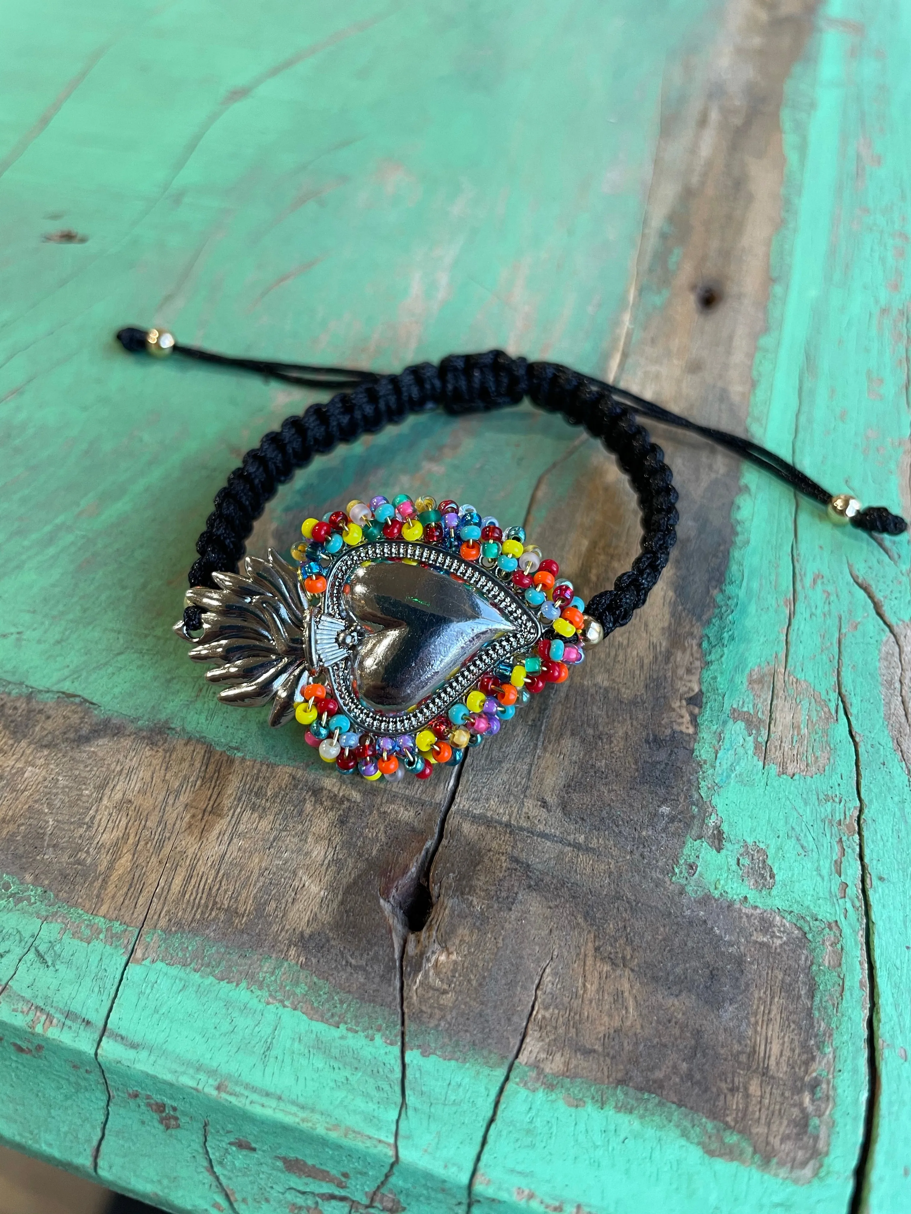 Black Cord Beaded Sacred Heart Bracelet