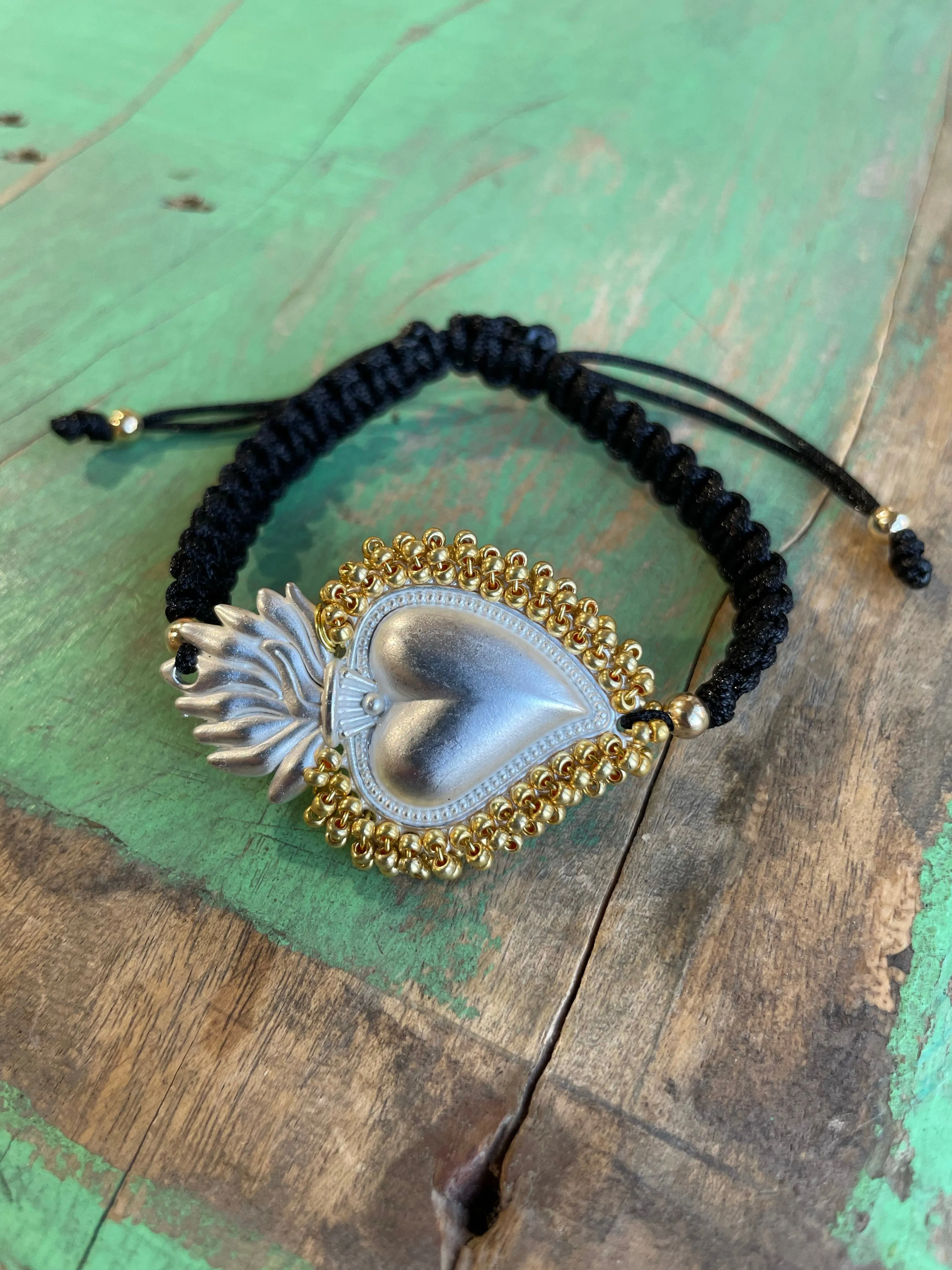 Black Cord Beaded Sacred Heart Bracelet