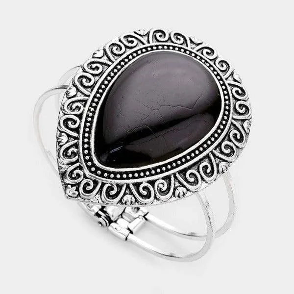 Black Onyx (faux) Stone Antique Pattern Hinged Bracelet