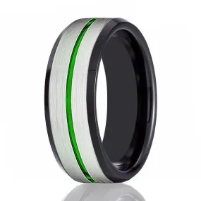 Black Tungsten Carbide Ring with Brushed Silver Center and Green Groove - 8mm