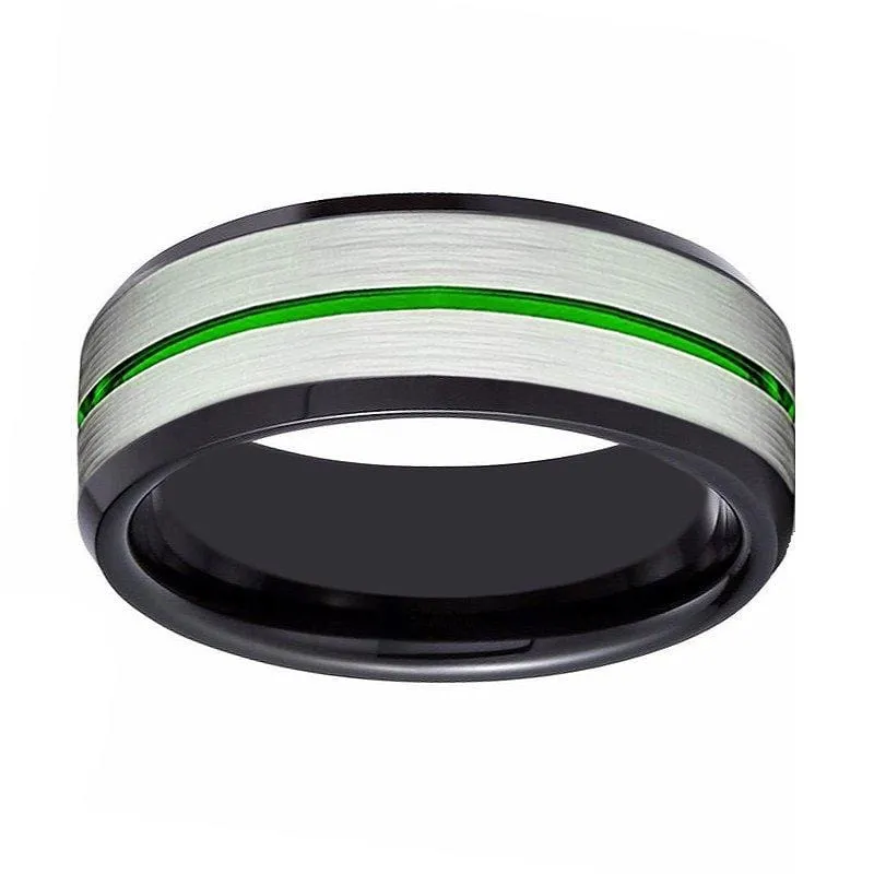 Black Tungsten Carbide Ring with Brushed Silver Center and Green Groove - 8mm