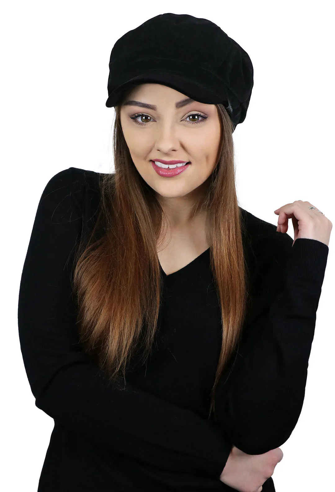 Black Velvet Newsboy Cabbie Hat for Women Chemo Headwear