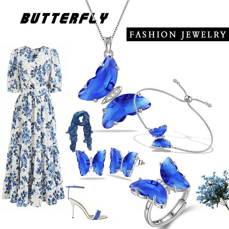 Blue Butterfly Jewelry Set 5PCS September Sapphire Birthstone Women Girls Birthday Gifts