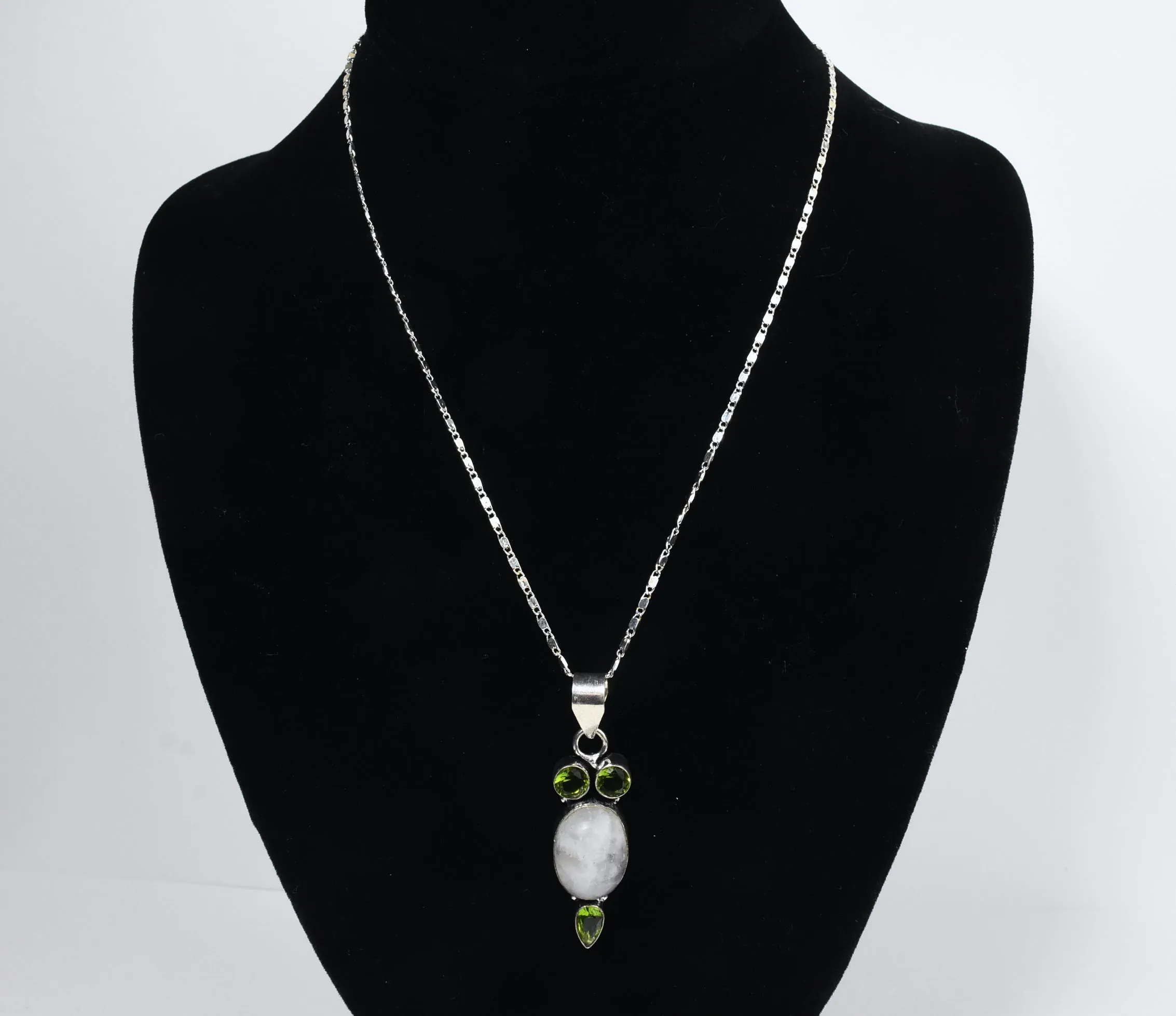 Blue Flash Moonstone and Peridot Sterling Silver Pendant on Sterling Silver Chain Necklace