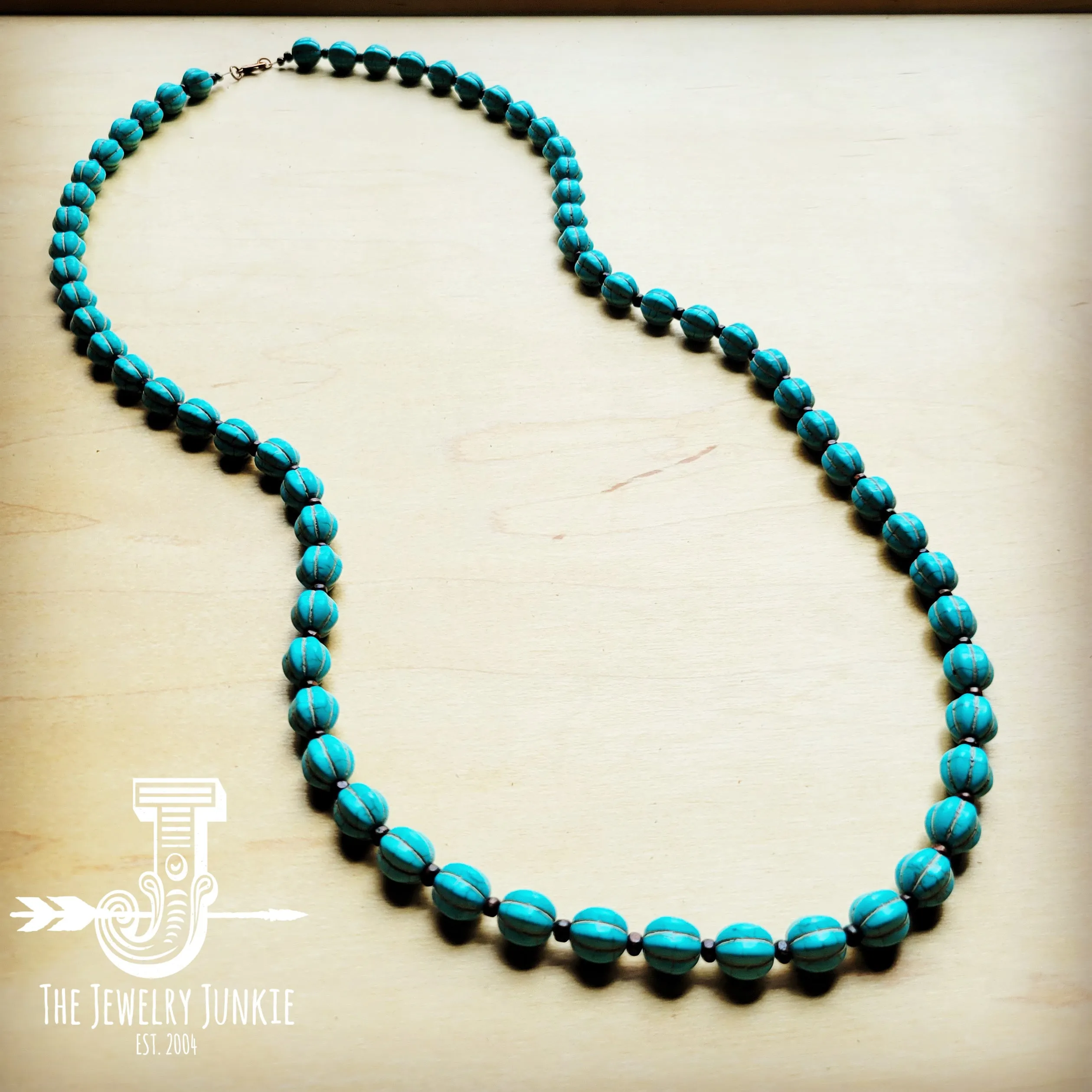 Blue Turquoise & Wood Melon Beaded Necklace 258q