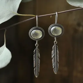 Boho Feather Dangle Earrings with Moonstone Accent jlt11599