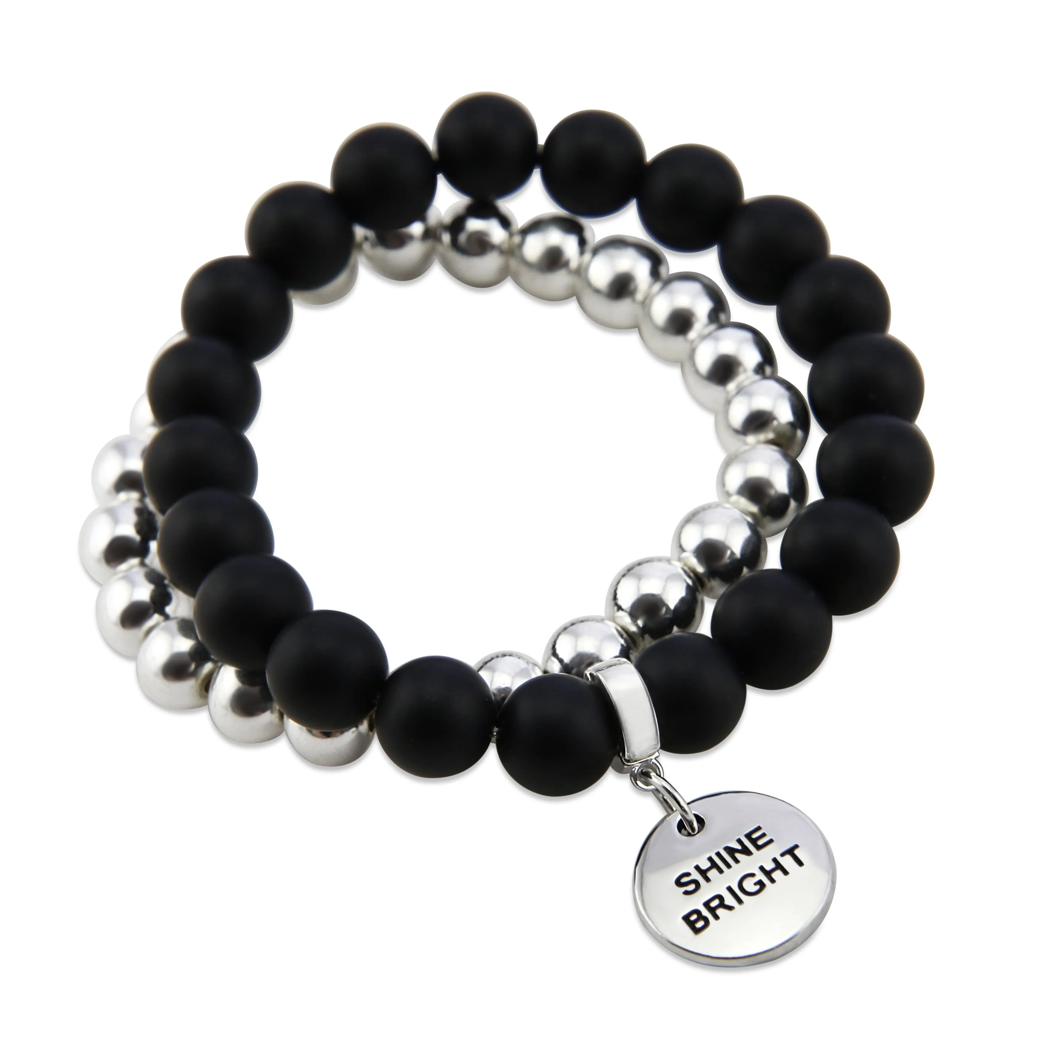 Bracelet Duo! Silver & Matt Black Onyx bead bracelet stacker set - SHINE BRIGHT (12055)