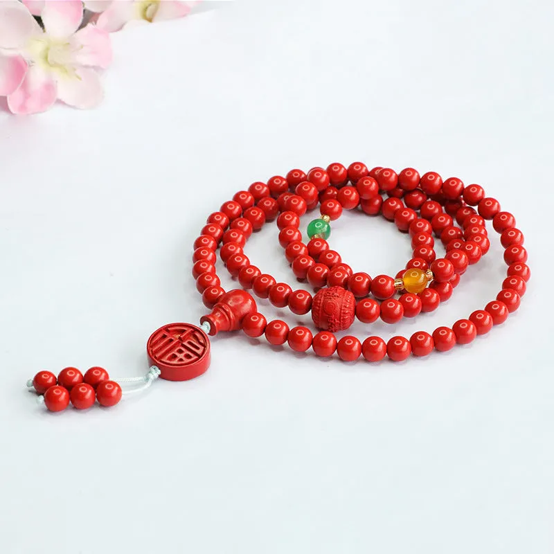 Buddha Beads Sterling Silver Bracelet with Cinnabar Stone