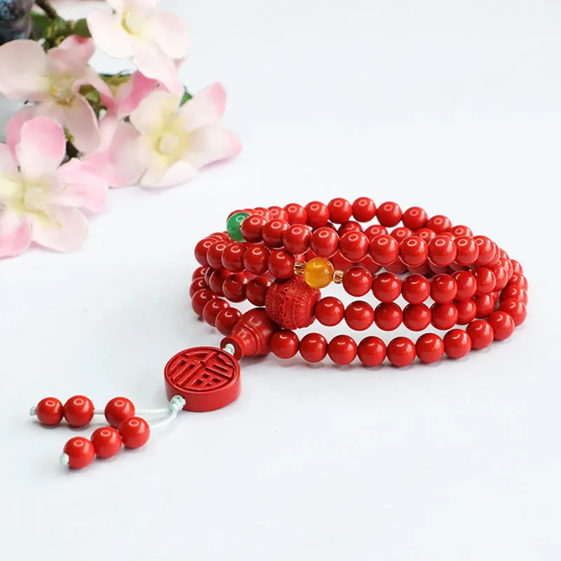 Buddha Beads Sterling Silver Bracelet with Cinnabar Stone