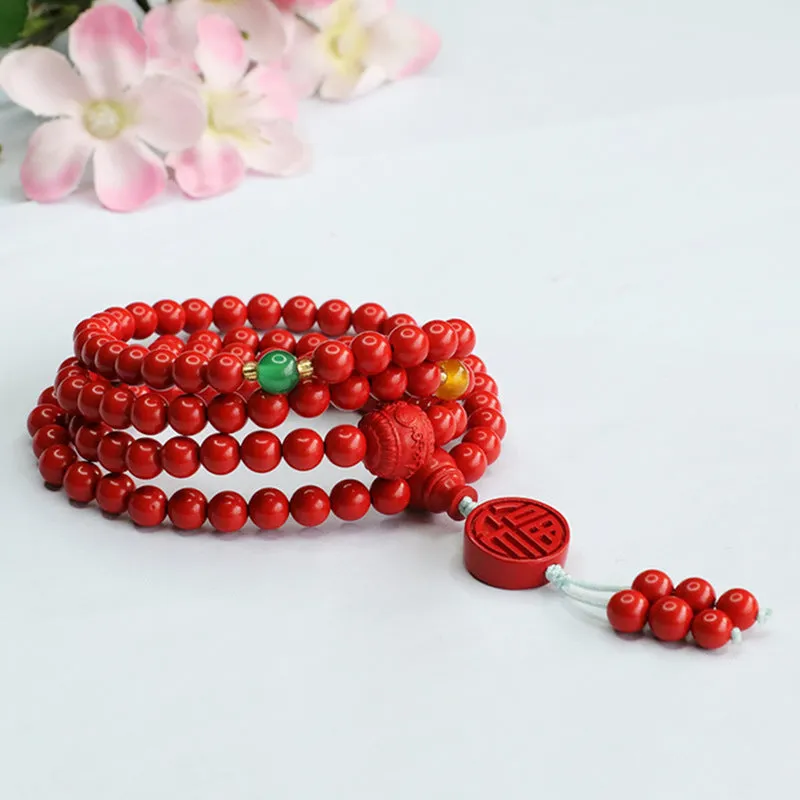 Buddha Beads Sterling Silver Bracelet with Cinnabar Stone