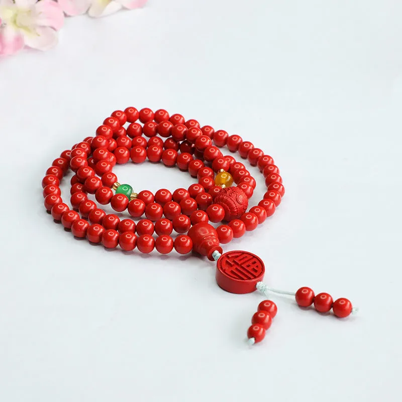 Buddha Beads Sterling Silver Bracelet with Cinnabar Stone