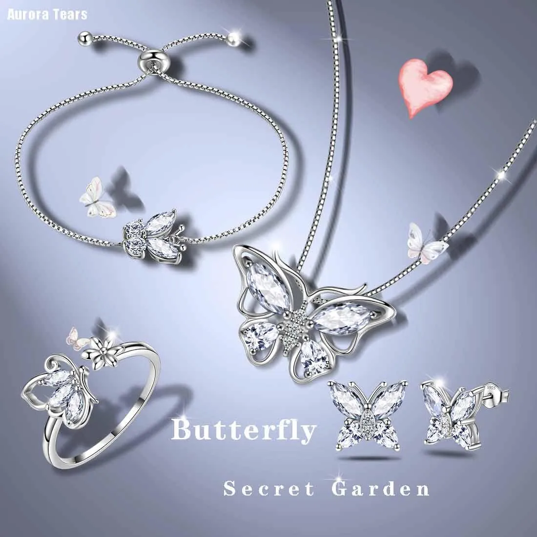 Butterfly Birthstone April Diamond Jewelry Set 5PCS Women Girls Birthday Gift