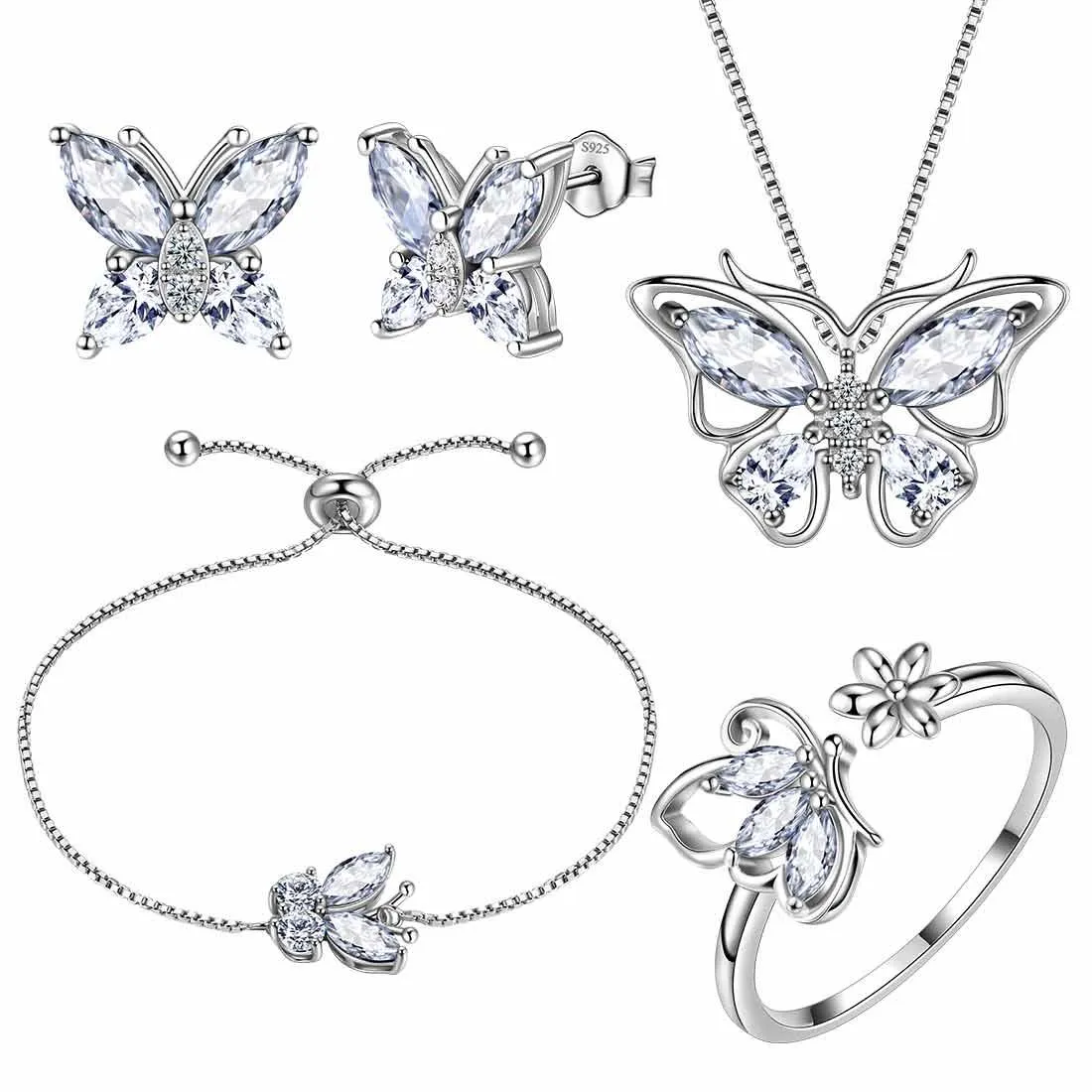 Butterfly Birthstone April Diamond Jewelry Set 5PCS Women Girls Birthday Gift