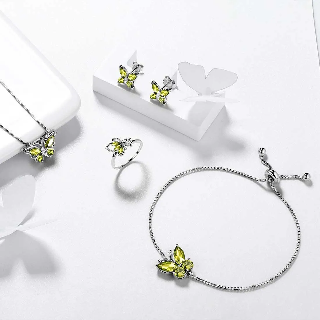 Butterfly Birthstone August Peridot Jewelry Set 5PCS Women Girls Birthday Gift