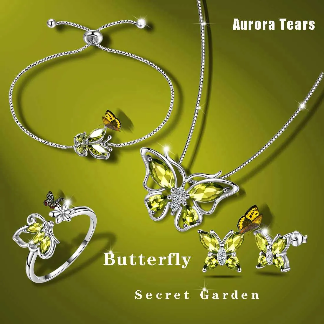 Butterfly Birthstone August Peridot Jewelry Set 5PCS Women Girls Birthday Gift