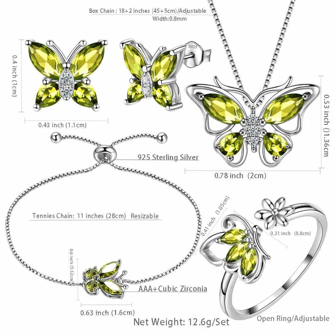 Butterfly Birthstone August Peridot Jewelry Set 5PCS Women Girls Birthday Gift