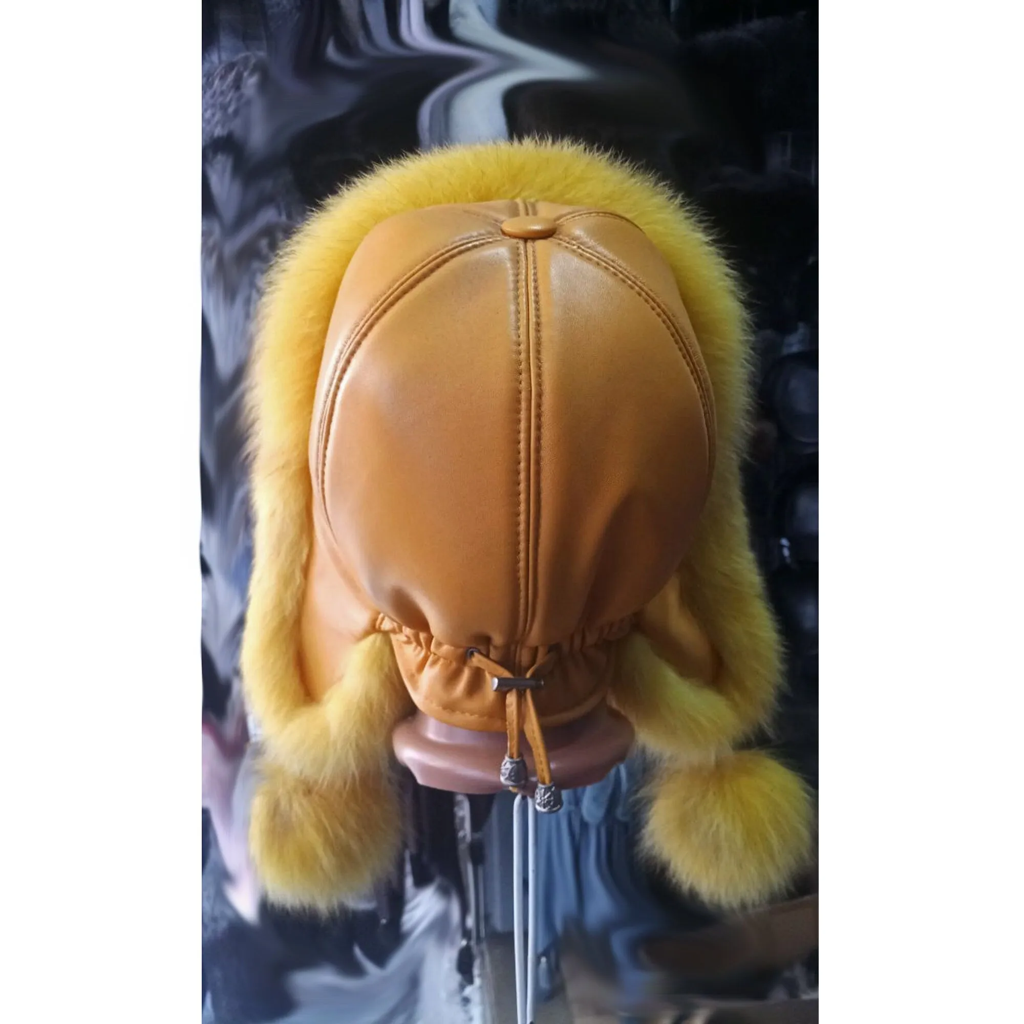 BY ORDER Yellow Real Leather Fox Fur Hat, Women Fur Hat, Aviator Hat, Ushanka, Russian Hat, Ski Hat, Leather Hat Ear Flap, Girl Trapper Hat