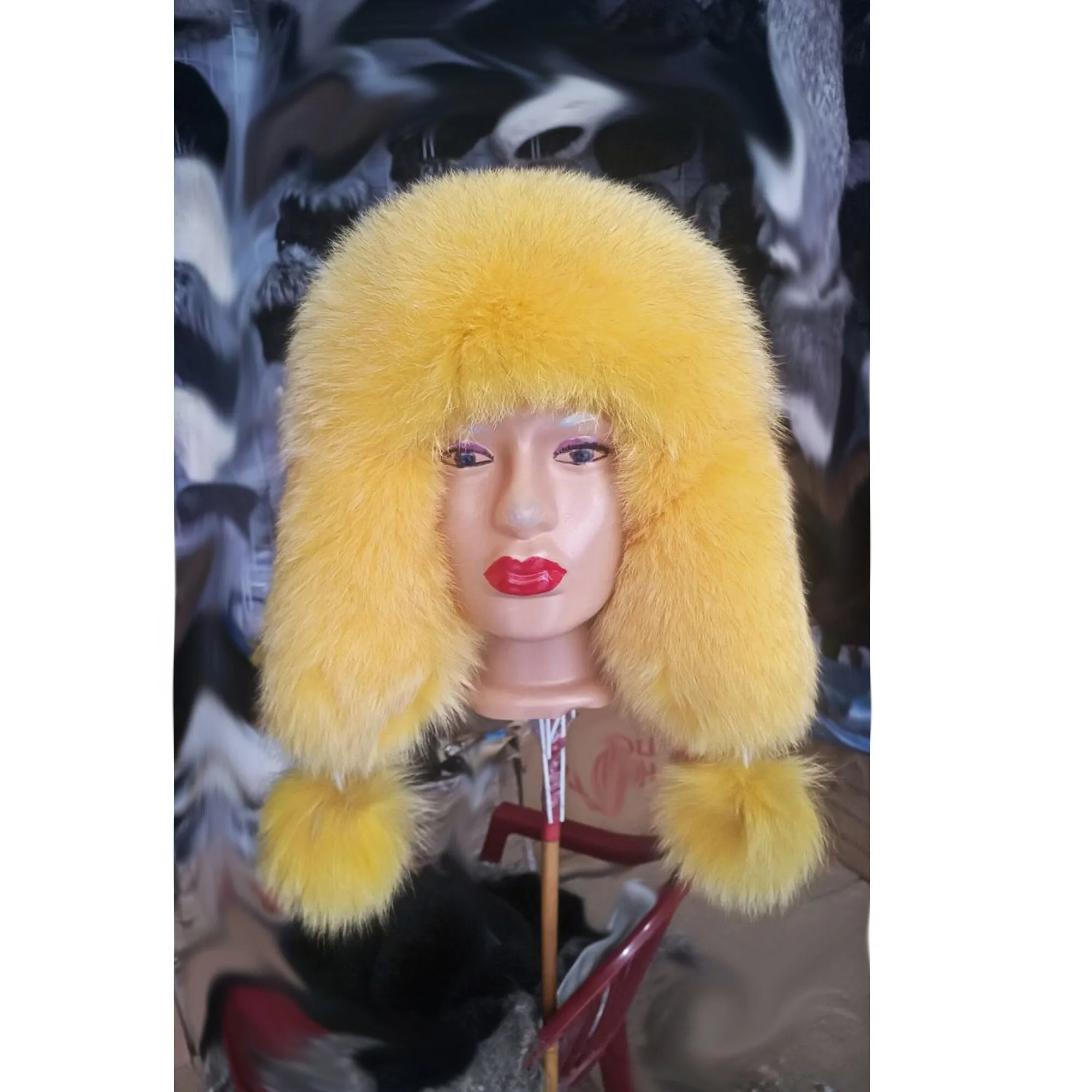 BY ORDER Yellow Real Leather Fox Fur Hat, Women Fur Hat, Aviator Hat, Ushanka, Russian Hat, Ski Hat, Leather Hat Ear Flap, Girl Trapper Hat