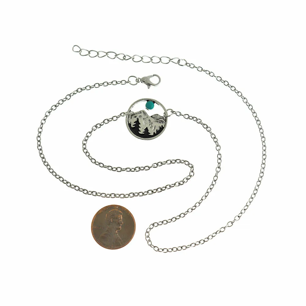 Cable Chain Necklace 17.72" With Imitation Turquoise Mountain Ring Pendant - 1 Necklace - Z203