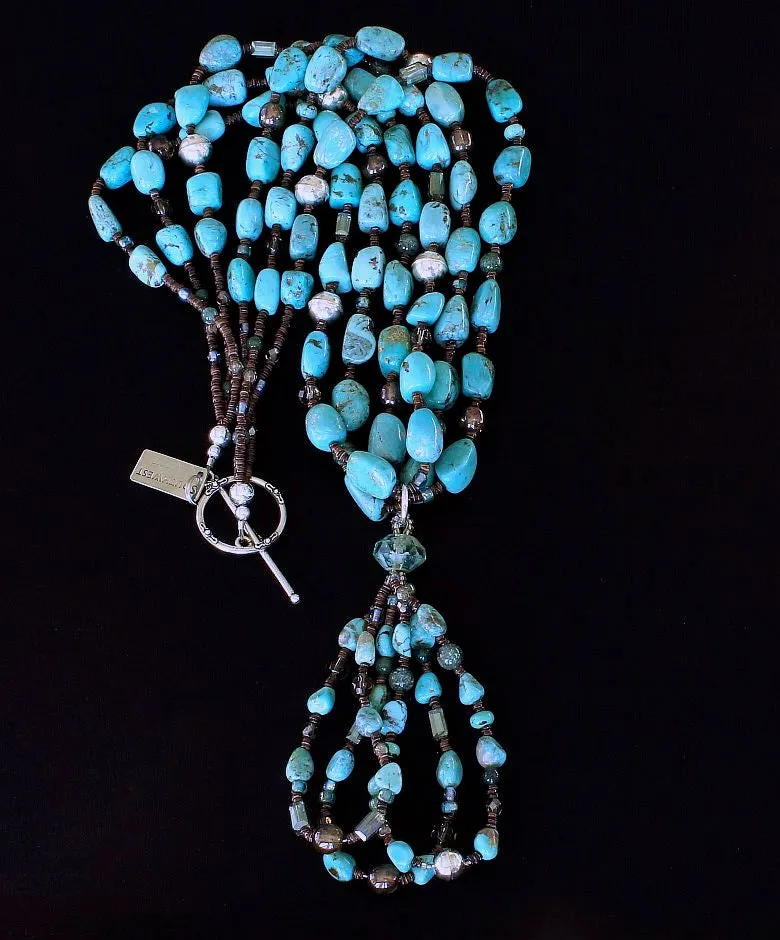 Campitos Turquoise Nuggets 3-Strand Necklace with Pilot Mountain Turquoise Jacla, Czech Druk Glass Rounds, Crystal Rectangles, Rutilated Quartz, Olive Shell Heishi, and Sterling Silver Beads & Toggle Clasp