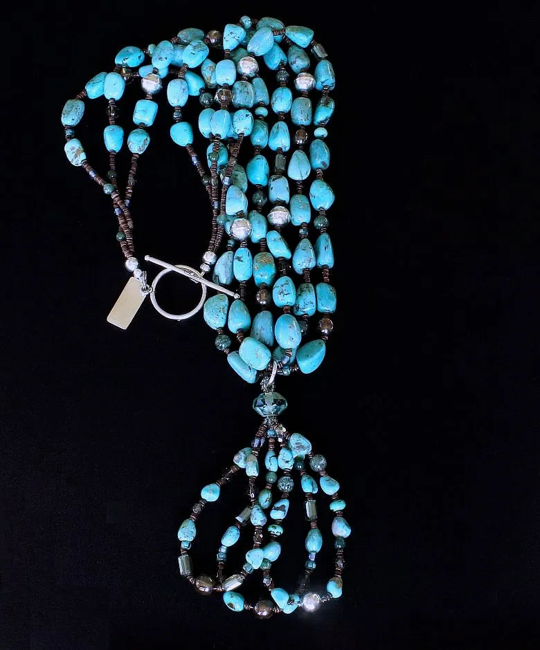 Campitos Turquoise Nuggets 3-Strand Necklace with Pilot Mountain Turquoise Jacla, Czech Druk Glass Rounds, Crystal Rectangles, Rutilated Quartz, Olive Shell Heishi, and Sterling Silver Beads & Toggle Clasp