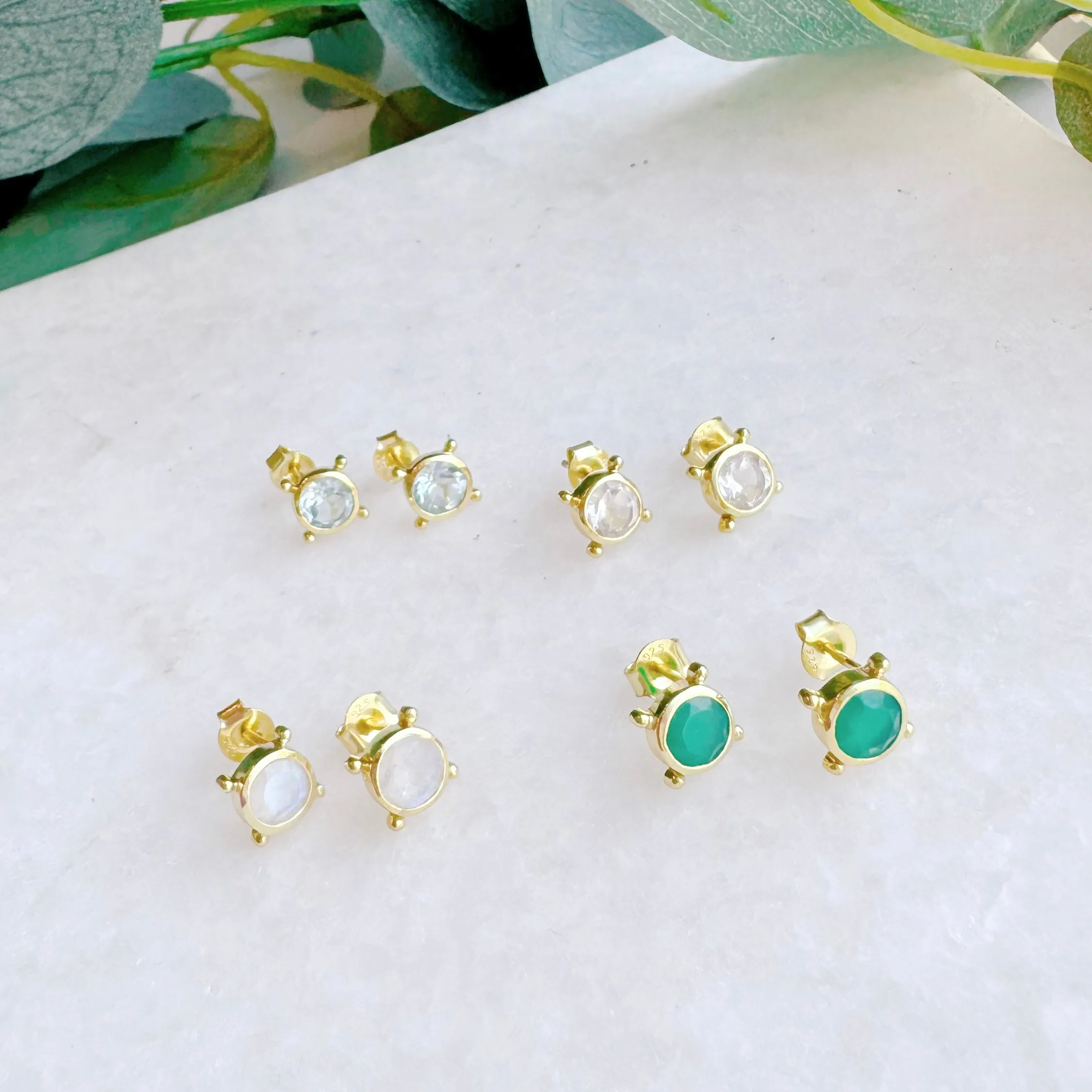 Compass Stud Earrings: Gold Vermeil Rainbow Moonstone