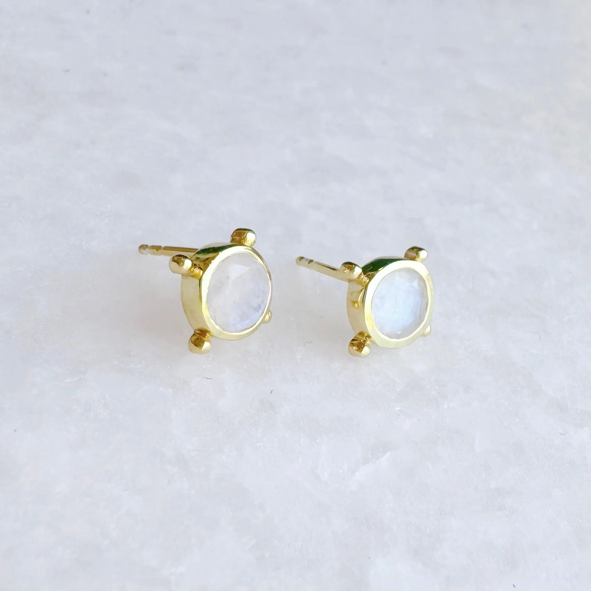 Compass Stud Earrings: Gold Vermeil Rainbow Moonstone