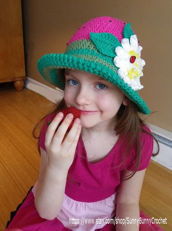 CROCHET HAT PATTERN, Children Crochet Pattern, Summer Crochet Hat, Strawberry Brimmed Hat Pattern, Daisy, Sun hat, Kids hat, Girl hat, Adult