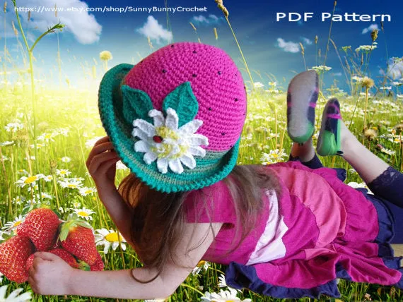 CROCHET HAT PATTERN, Children Crochet Pattern, Summer Crochet Hat, Strawberry Brimmed Hat Pattern, Daisy, Sun hat, Kids hat, Girl hat, Adult