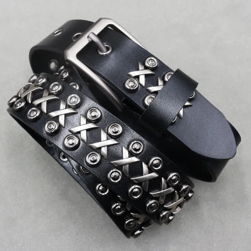 Cross & Circle 3 Row Punk Rock Studded Leather Belt