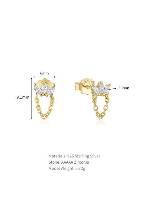 Crown Stud Earrings with Chain 925 Sterling Silver 18K Gold Plated Zircon Dainty Tiny Earrings