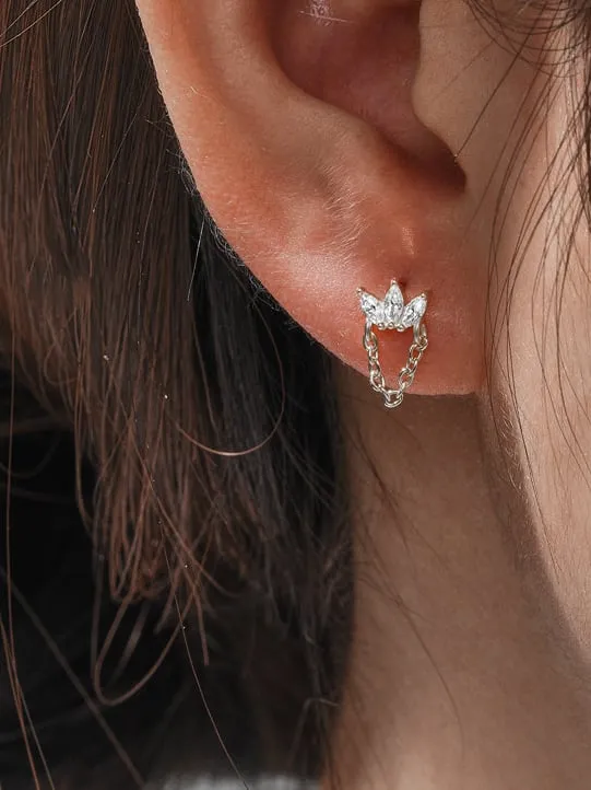 Crown Stud Earrings with Chain 925 Sterling Silver 18K Gold Plated Zircon Dainty Tiny Earrings