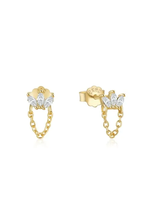 Crown Stud Earrings with Chain 925 Sterling Silver 18K Gold Plated Zircon Dainty Tiny Earrings