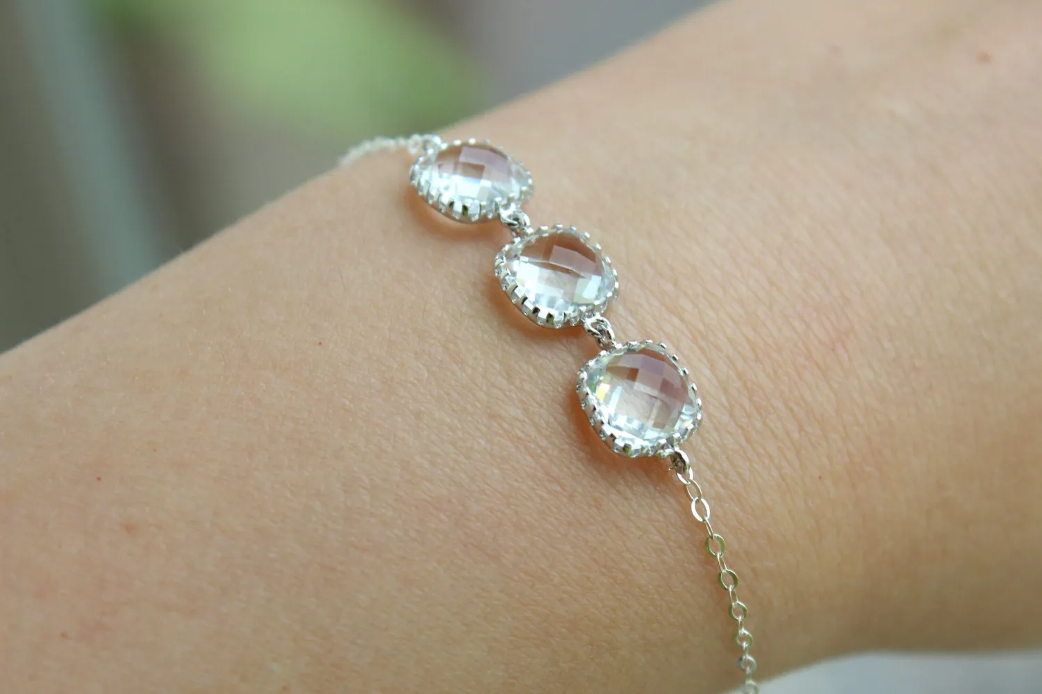 Crystal Bracelet Silver Clear Bracelet Three Square Crystal Jewelry Bridesmaid Bracelet - Crystal Clear Wedding Jewelry - Bridal Bracelet