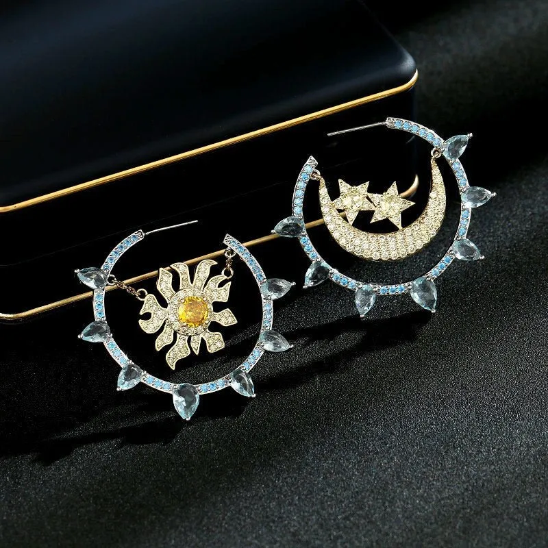 Cubic Zircon Light Luxury Sun and Mooon Earrings for Girl,Women's Party Earrings Wholesale S925 Silver Needle LYC100