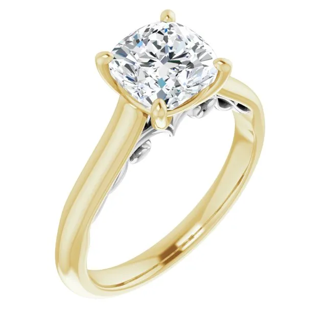 Cubic Zirconia Engagement Ring- The Adelaide (Customizable Cushion Cut Cathedral Solitaire with Two-Tone Option Decorative Trellis 'Down Under')