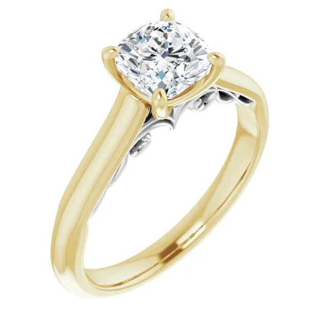 Cubic Zirconia Engagement Ring- The Adelaide (Customizable Cushion Cut Cathedral Solitaire with Two-Tone Option Decorative Trellis 'Down Under')