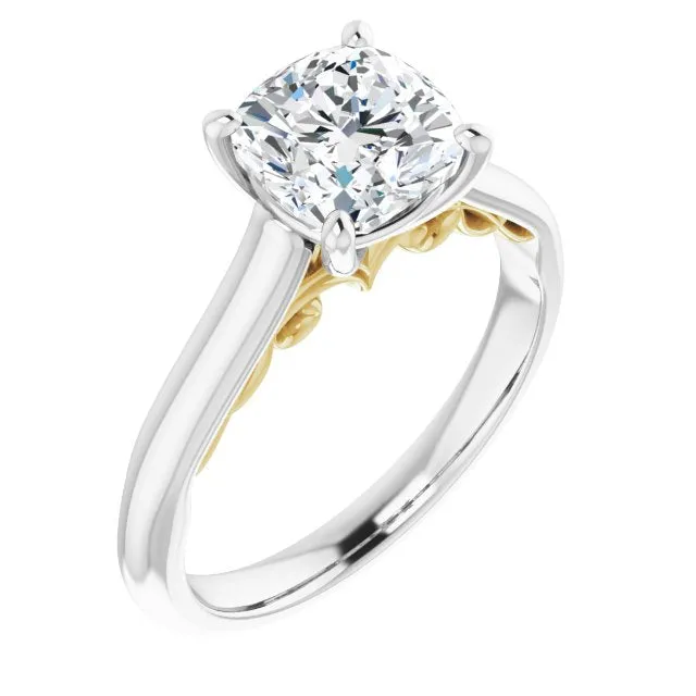 Cubic Zirconia Engagement Ring- The Adelaide (Customizable Cushion Cut Cathedral Solitaire with Two-Tone Option Decorative Trellis 'Down Under')