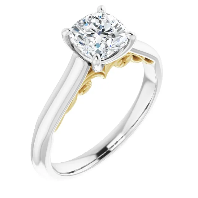 Cubic Zirconia Engagement Ring- The Adelaide (Customizable Cushion Cut Cathedral Solitaire with Two-Tone Option Decorative Trellis 'Down Under')