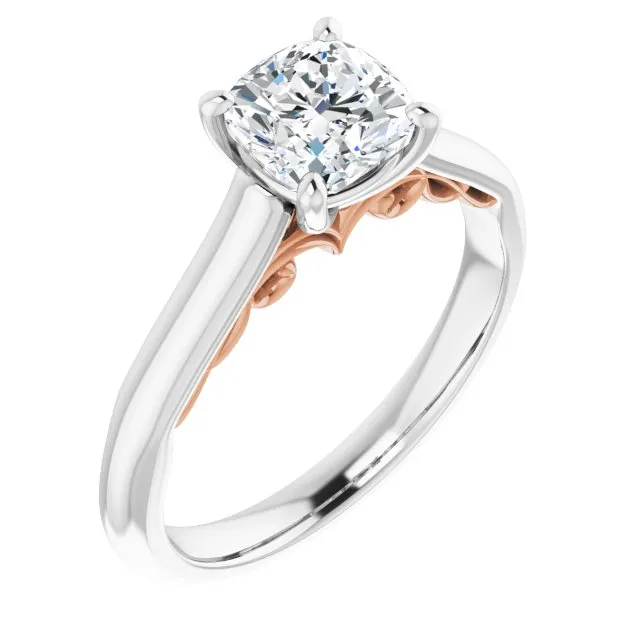 Cubic Zirconia Engagement Ring- The Adelaide (Customizable Cushion Cut Cathedral Solitaire with Two-Tone Option Decorative Trellis 'Down Under')