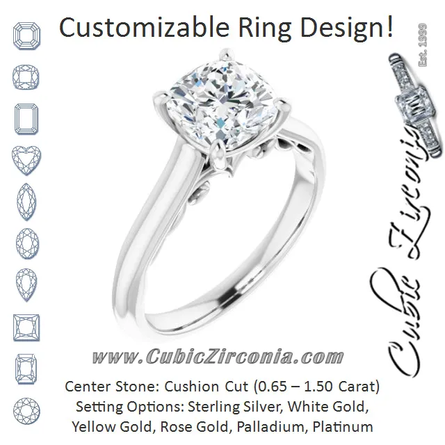 Cubic Zirconia Engagement Ring- The Adelaide (Customizable Cushion Cut Cathedral Solitaire with Two-Tone Option Decorative Trellis 'Down Under')