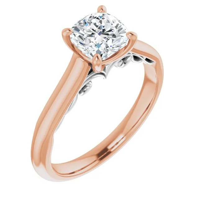 Cubic Zirconia Engagement Ring- The Adelaide (Customizable Cushion Cut Cathedral Solitaire with Two-Tone Option Decorative Trellis 'Down Under')