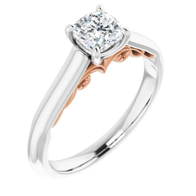 Cubic Zirconia Engagement Ring- The Adelaide (Customizable Cushion Cut Cathedral Solitaire with Two-Tone Option Decorative Trellis 'Down Under')