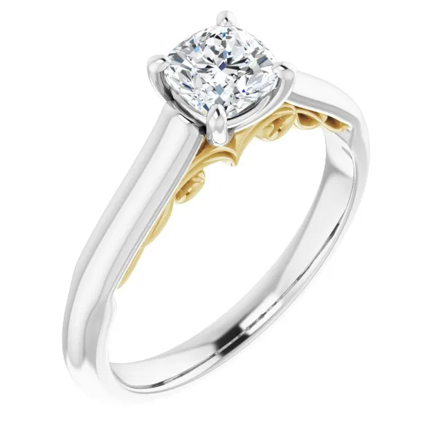 Cubic Zirconia Engagement Ring- The Adelaide (Customizable Cushion Cut Cathedral Solitaire with Two-Tone Option Decorative Trellis 'Down Under')