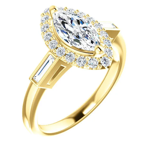 Cubic Zirconia Engagement Ring- The Azariah (Customizable Cathedral Marquise Cut Design with Halo and Straight Baguettes)