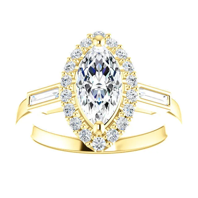 Cubic Zirconia Engagement Ring- The Azariah (Customizable Cathedral Marquise Cut Design with Halo and Straight Baguettes)