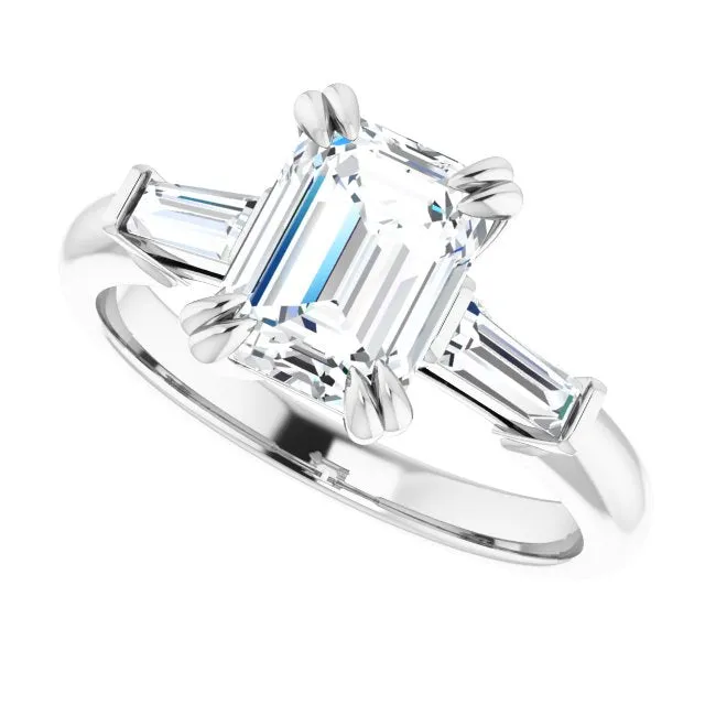 Cubic Zirconia Engagement Ring- The Betyhelena (Customizable 3-stone Emerald Cut Design with Tapered Baguettes)