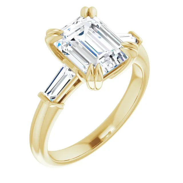 Cubic Zirconia Engagement Ring- The Betyhelena (Customizable 3-stone Emerald Cut Design with Tapered Baguettes)